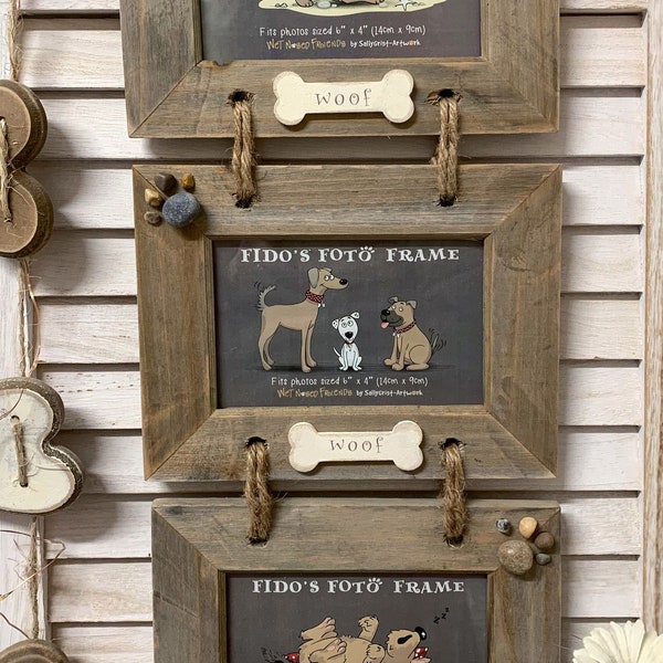 Triple hanging picture frame, landscape orientation, driftwood, dog bones and paw prints