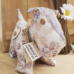 Doggy Doorstop, cream Wet Nosed Friends fabric, heavy weighted dog ornament or door stop, NOT a toy