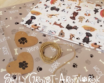 Dog Cartoon Gift Wrap Set – Paw Print Tags & Jute String