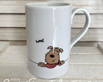 Woof mug for a dog lover, porcelain mug with a shaggy dog