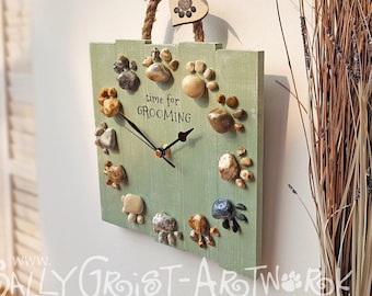 TIME for a pebble paw print clock! Unique wooden clock in 'Valley Mist' green - customised wording for a pet lover