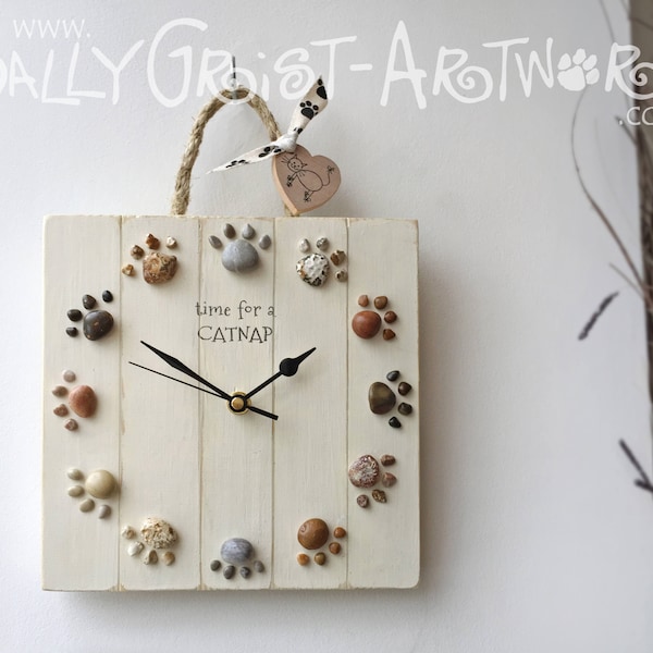 TIME for a gift! Shabby cream clock for a pet lover - dogs, cats, customised wording with pebble pawprints!