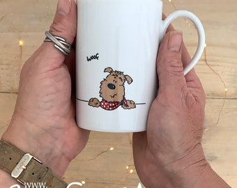 Woof mug for a dog lover, porcelain mug with a shaggy dog