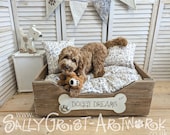Handcrafted wooden dog bed, Driftwood Brown, MEDIUM-LARGE - 75cm x 54cm x 25cm  (29.5" x 20.5" x 10")