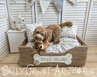 Handcrafted wooden dog bed, Driftwood Brown, MEDIUM-LARGE - 75cm x 54cm x 25cm  (29.5&quot; x 20.5&quot; x 10&quot;)