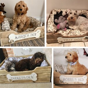 Handcrafted wooden dog bed, Driftwood Brown, MEDIUM-LARGE 75cm x 54cm x 25cm 29.5 x 20.5 x 10 Custom wording