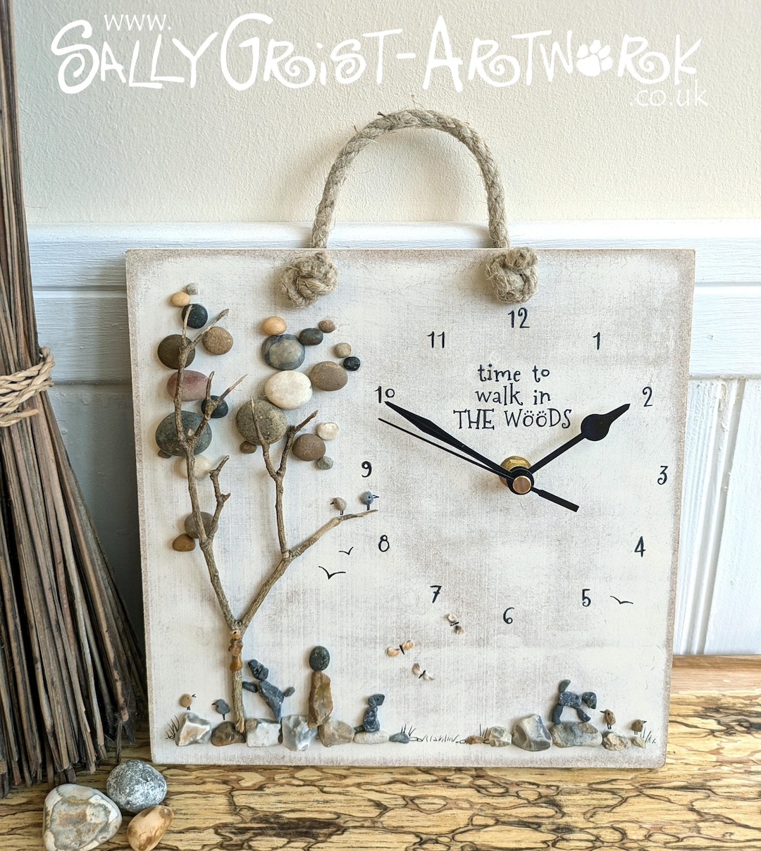 Handmade Pebble Art Clock – “time to Walk in the Woods” Dog & Woodland ...