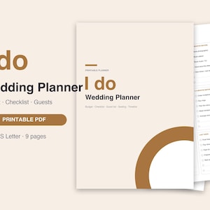 Könnte beinhalten: Ein druckbarer Hochzeitsplaner als PDF mit dem Titel I do Wedding Planner, der Abschnitte für Budget, Checkliste und Gästeliste enthält. Das Dokument hat einen beigen Hintergrund mit braunem Text und einem braunen, kreisförmigen Grafikelement.