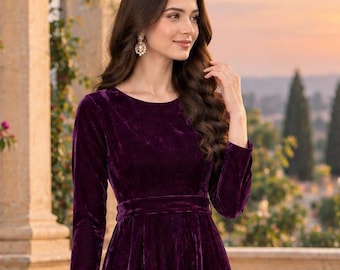 Purple Velvet Maxi Dress, Long Sleeve Elegant Evening Gown, A Line Formal Dress, Floor Length Party Dress, Vintage Inspired Velvet Gown