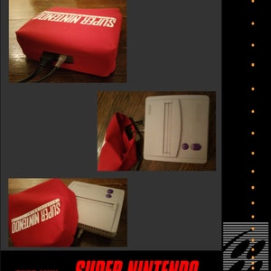 May include: A red cover with "SUPER NINTENDO" printed in white, shown with a white SNES Mini console. The console is white with purple buttons. The image also shows the text "SUPER NINTENDO ENTERTAINMENT SYSTEM".