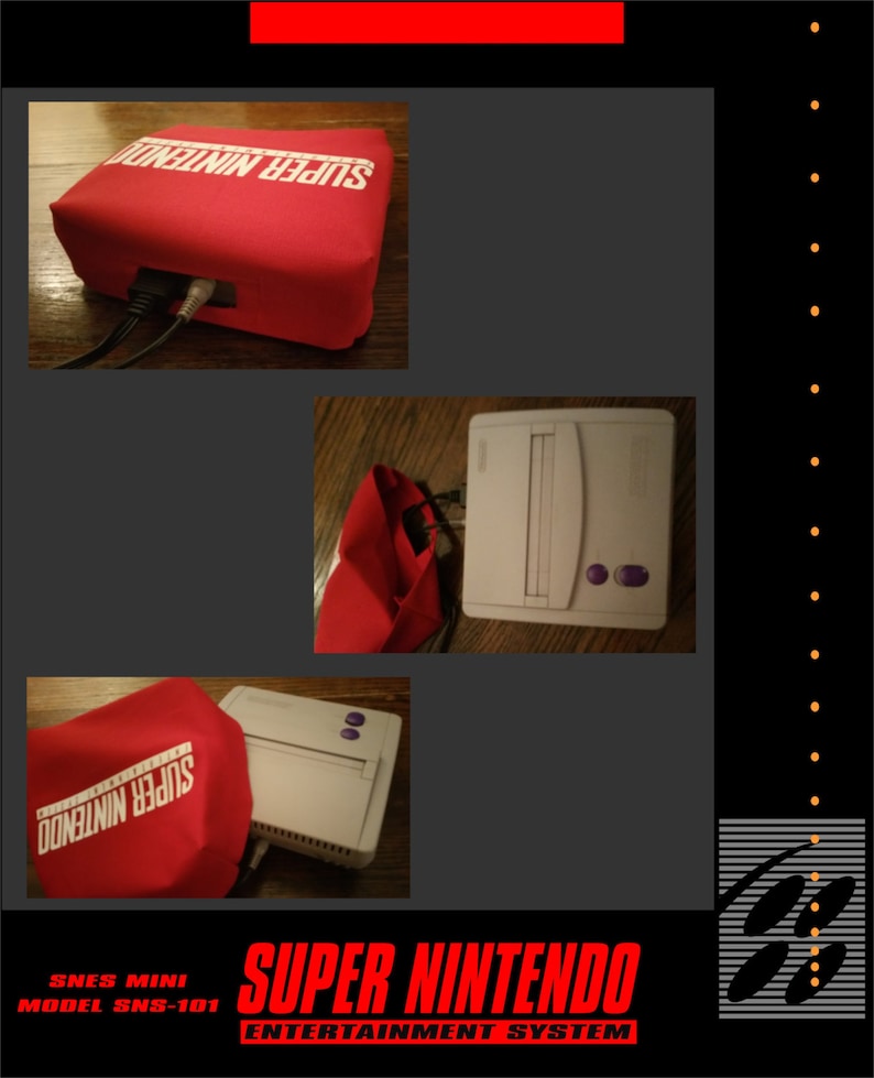 May include: A red cover with "SUPER NINTENDO" printed in white, shown with a white SNES Mini console. The console is white with purple buttons. The image also shows the text "SUPER NINTENDO ENTERTAINMENT SYSTEM".