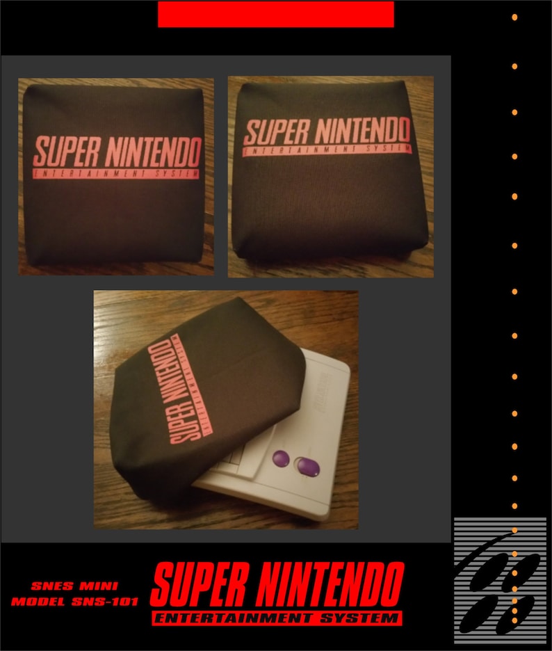 May include: A black cover featuring the pink text "SUPER NINTENDO ENTERTAINMENT SYSTEM". The image shows the cover from different angles, including one placed over a white SNES Mini console. The text "SNES MINI MODEL SNS-101" is also visible.