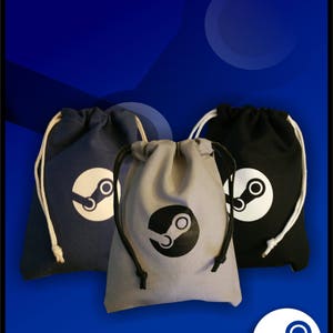 May include: Three drawstring bags in navy, gray, and black, each with a white Steam logo. The bags have white or black drawstrings. The text "STEAM Controller Bags" is at the top. The bottom left corner has the text "§Pat Rat Shack".