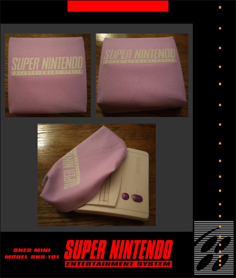 May include: A light purple SNES Mini console cover with the words "SUPER NINTENDO ENTERTAINMENT SYSTEM" in white. The cover is shown in multiple views, alongside the SNES Mini console.
