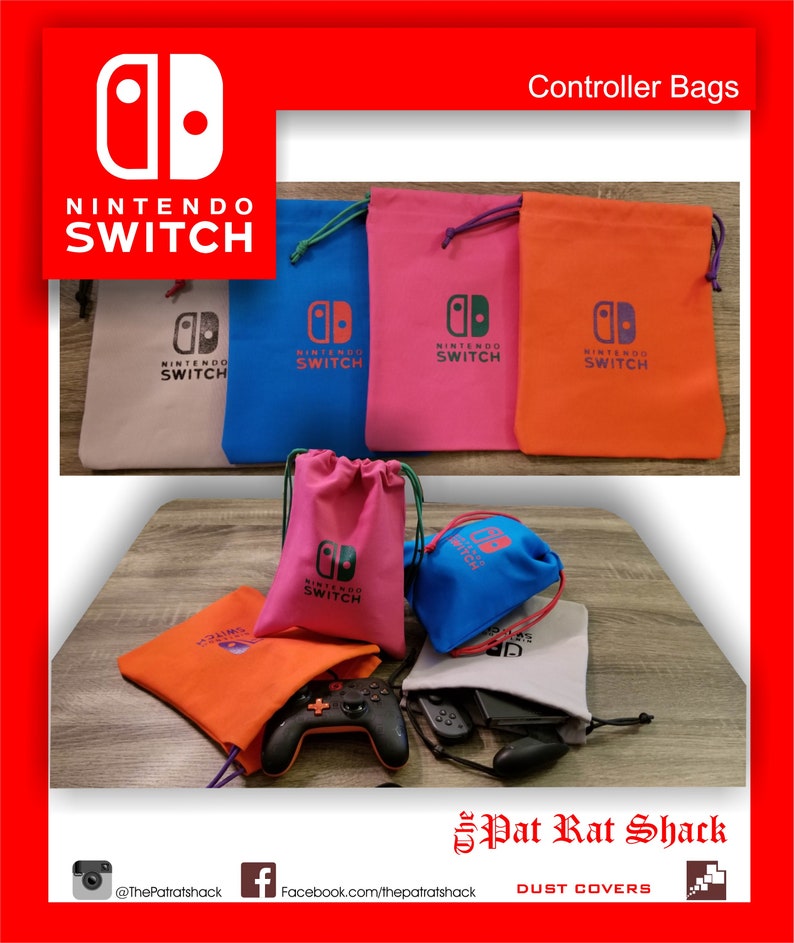 May include: A collection of colorful Nintendo Switch controller bags in various colors, including tan, blue, pink, and orange. Each bag features the Nintendo Switch logo and drawstring closure. The image also shows a black controller and other accessories.