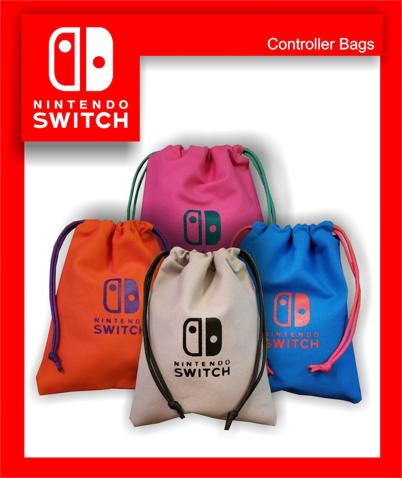 May include: A collection of drawstring controller bags in various colors: orange, pink, blue, and beige. Each bag features the Nintendo Switch logo and text. The bags have colored drawstrings, and the text "Controller Bags" is visible.