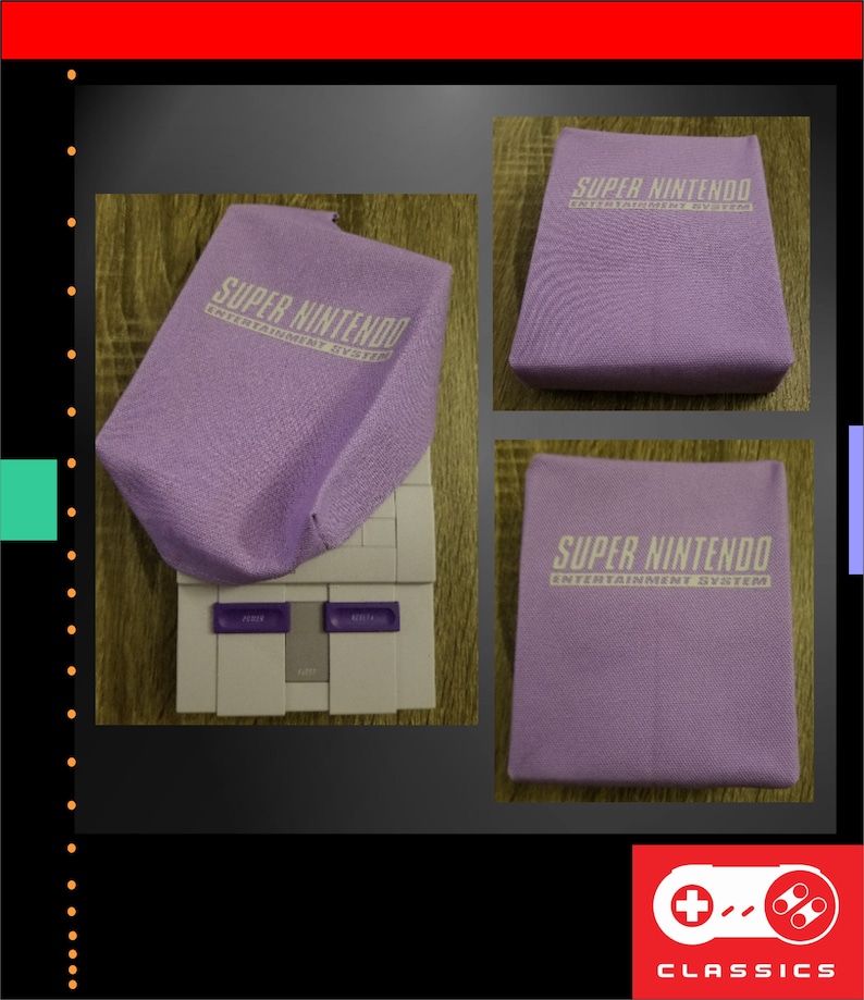 Op de afbeelding: Een lavendelkleurige Super Nintendo Entertainment System-console en bijpassende beschermhoes. De hoes en de console hebben het Super Nintendo-logo in wit. De console heeft paarse knoppen en een grijze behuizing. De afbeelding staat tegen een zwarte achtergrond.