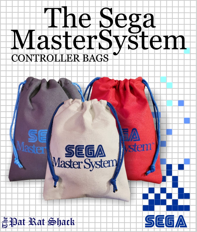 May include: Three drawstring bags in grey, beige, and red, each featuring blue drawstrings and the blue embroidered text "SEGA Master System". The bags are displayed against a white grid background with the text "The Sega MasterSystem CONTROLLER BAGS".