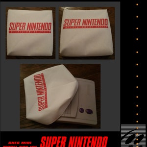 May include: White fabric covers with the text "SUPER NINTENDO ENTERTAINMENT SYSTEM" in red. The covers are displayed in multiple arrangements, with a SNES Mini console visible in one image. The text "SNES MINI MODEL SNS-101" is also present.