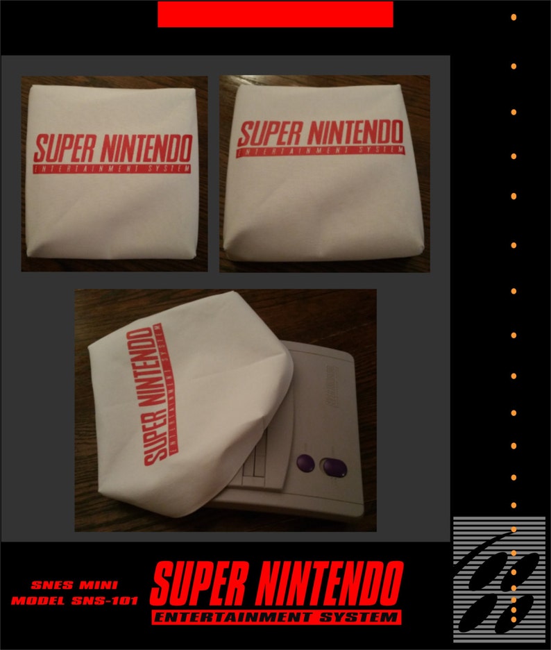 May include: White fabric covers with the text "SUPER NINTENDO ENTERTAINMENT SYSTEM" in red. The covers are displayed in multiple arrangements, with a SNES Mini console visible in one image. The text "SNES MINI MODEL SNS-101" is also present.