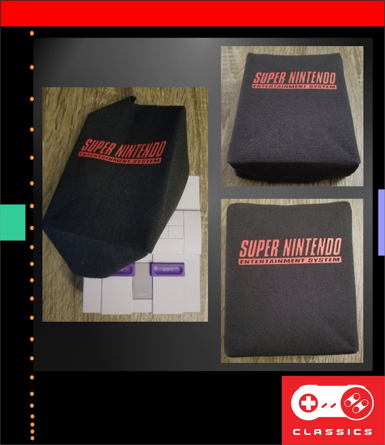 Op de afbeelding: Zwarte stoffen consolehoes met de tekst "SUPER NINTENDO ENTERTAINMENT SYSTEM" in het rood. De hoes wordt getoond op een Super Nintendo console en apart. De afbeelding bevat ook het Classics-logo.