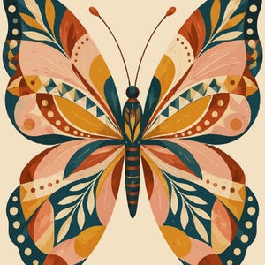 Patchwork Butterfly Emblem Wall Art Printable, Folk Textile Geometry Decor, PNG and SVG