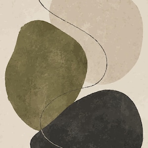 Peut inclure: Une impression d'art mural présentant trois formes organiques superposées dans des tons vert olive, gris anthracite foncé et beige clair. Une fine ligne noire continue ondule gracieusement sur le fond texturé blanc cassé.