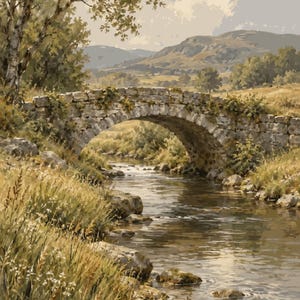 Peut inclure: Une peinture représentant un pont en arc en pierre enjambant un ruisseau. La scène montre des herbes hautes au premier plan, des arbres sur la rive gauche et des collines sous un ciel nuageux, le tout dans des tons terreux.