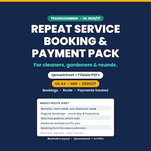 Könnte beinhalten: Ein digitales Dokumentenset mit dem Titel TRADESADMINUK UK 2026/27 REPEAT SERVICE BOOKING & PAYMENT PACK für Reiniger, Gärtner und Routen. Enthält Tabellenkalkulation und ausfüllbare PDFs für UK A4, GBP, 2026/27 zur Buchungs- und Zahlungsverfolgung.