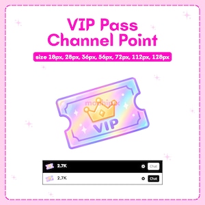 May include: A digital graphic featuring the text VIP Pass Channel Point and a list of sizes 18px, 28px, 36px, 56px, 72px, 112px, 128px. Below is a holographic ticket icon with a gold crown and the word VIP, plus two chat interface bars.
