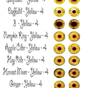May include: A set of eight yellow and orange eye-like designs with black pupils. The designs are labelled with names such as "Sunflower", "Daffadill", "Pumpkin King", and "Ginger".