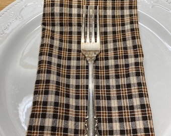 Plaid Cloth Dinner Napkins, Brown Tan Cream, 20 inch, Set of 4
