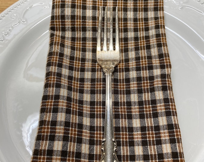 Plaid Cloth Dinner Napkins, Brown Tan Cream, 20 inch, Set of 4