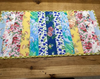 Cottage Chic Floral Table Runner, Teal Green Polka Dot Reversible Decor