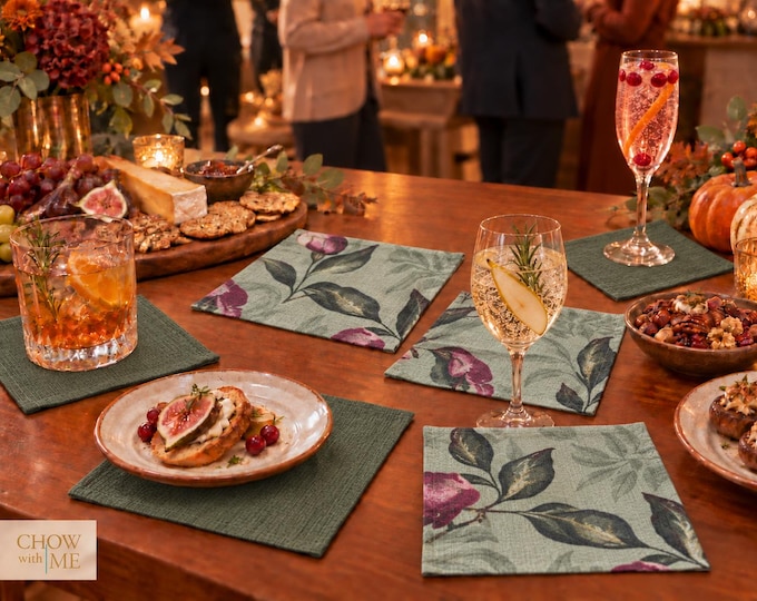 Set of 6 Cotton Cloth Napkins, Floral Leaf Sage Green Patterns, 8 Inch Cocktail Size