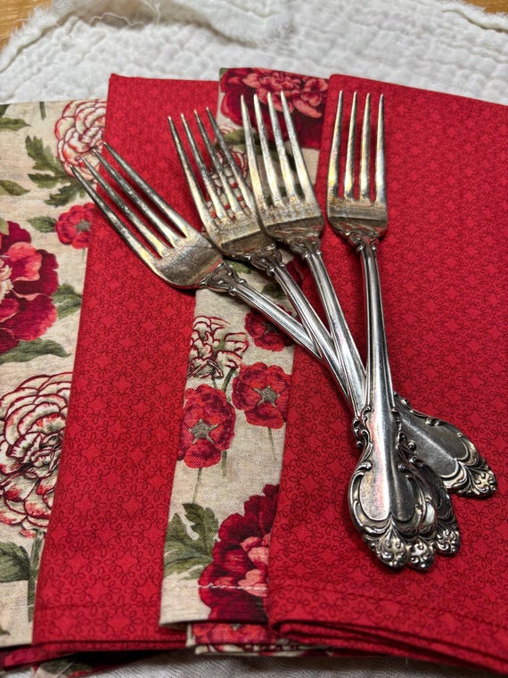 French Red Floral Red and White Cloth Napkins, Set of 4, 18 inch Dinner Napkins, by CHOW with ME