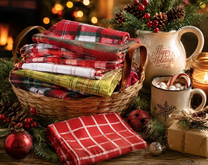 Christmas Plaid Cloth Napkins, 100% Cotton, Set of 8