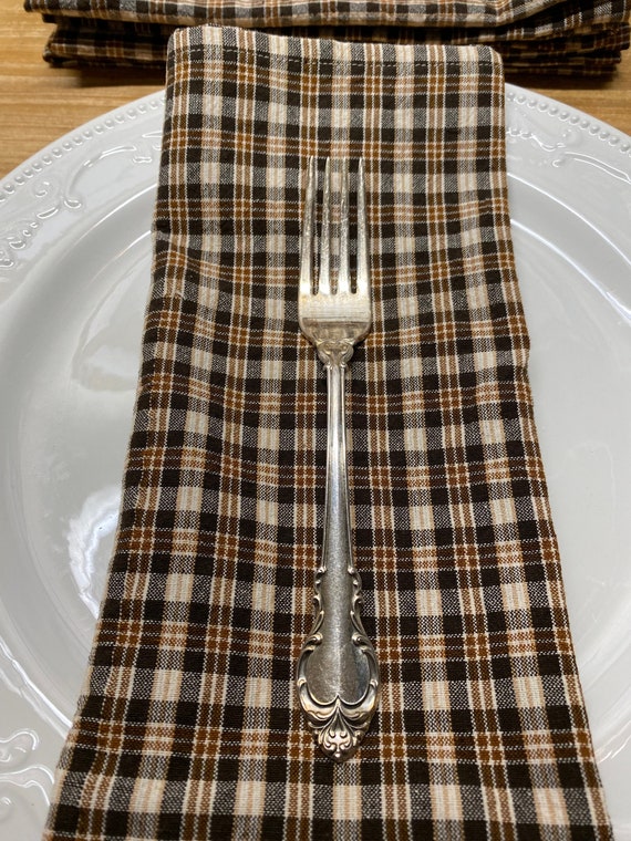 Plaid Cloth Dinner Napkins, Brown, Tan and Cream, 20 inch, Set of 8 Great for Family Gatherings, Holidays, Log Cabin Living