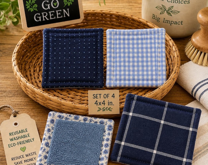 Reusable Kitchen Sponges,Blue Fabrics, Eco Friendly Set of 4