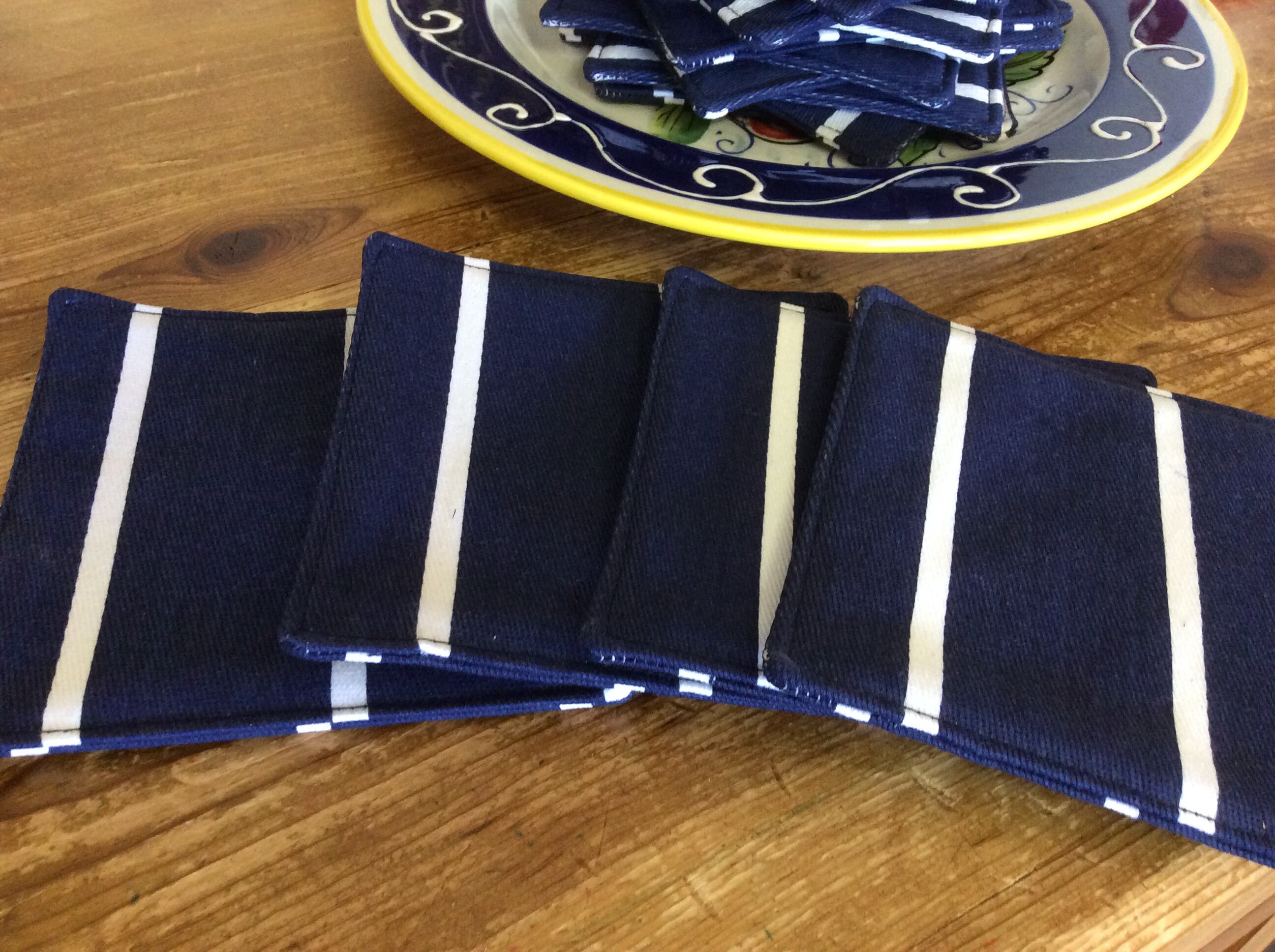 Navy Blue and White Stripe Coasters, Set of 4, Blue Beach Summertime Fabric Coasters, Drink