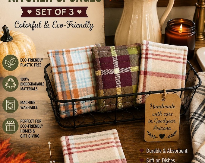 Reusable Vintage Plaid Sponges, Eco Friendly Cleaning, Set of 3
