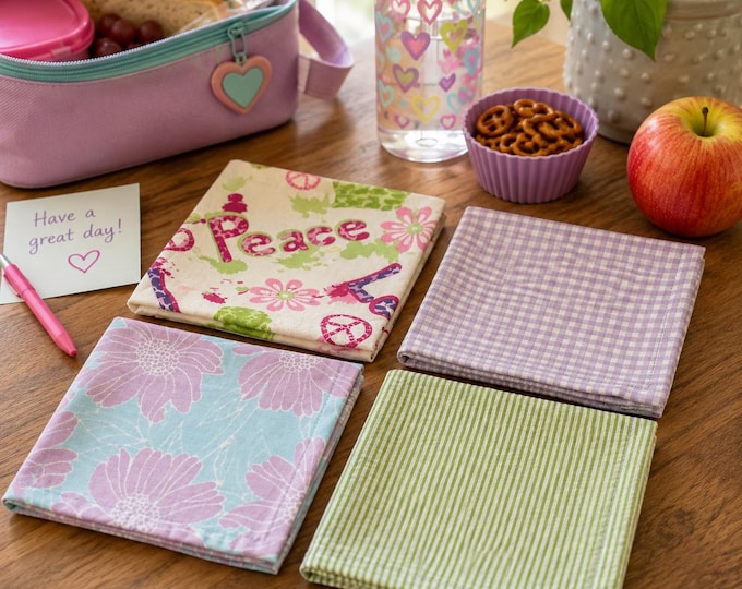 Happy Lunchbox Cloth Napkins – Set of 4, 10 Inch, 100%  Cotton, No Ironing Required