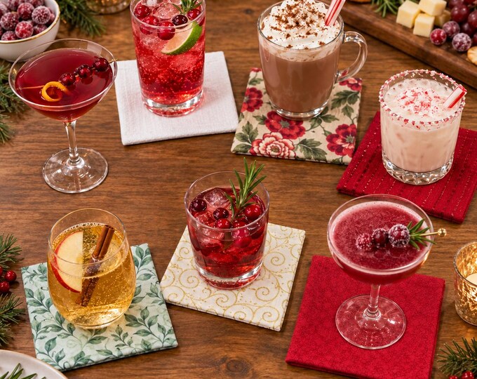 Christmas Cloth Napkins, Holiday Cocktail Snack Set of 6, Festive and Colorful Cotton