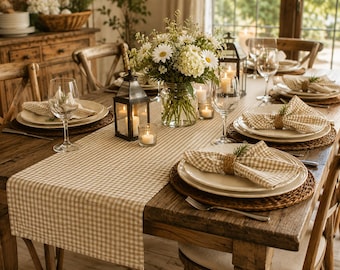 Tan and White 1/8" Gingham Check Table Runner, Holiday Decor