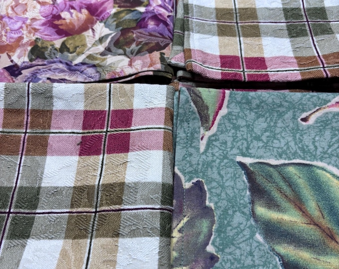 Set of 4 Cotton Cloth Napkins, Floral, Plaid, Leaf Patterns, 12 Inch Buffet Size