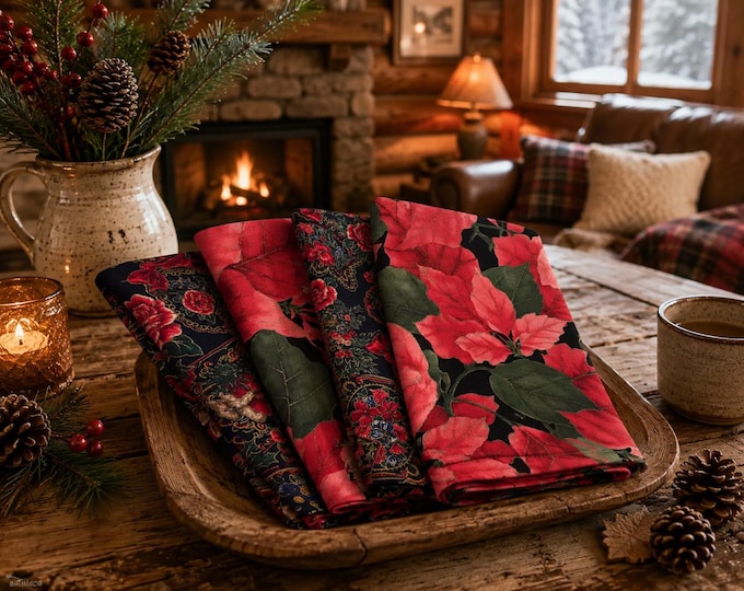 Set of 4 Handmade Christmas Poinsettia Cloth Napkins | 100% Cotton Table Decor