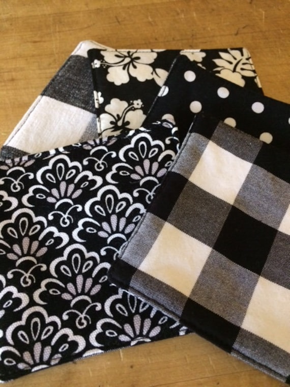 Black and White Reversible Fabric Beverage Coasters, Mug Rug, Wine Coaster, Set of 6, by CHOW with ME