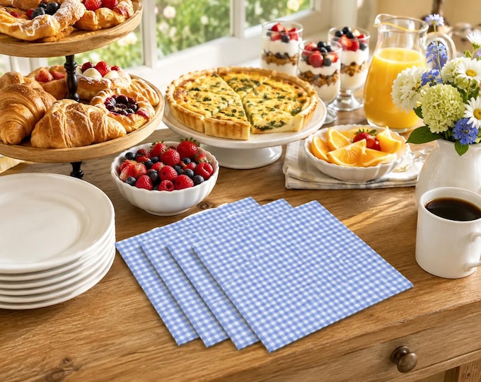 Periwinkle Blue Gingham Cloth Napkins - Set of 4, 12-inch Cotton
