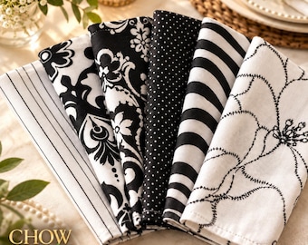 Black and White Cotton Cloth Napkins - Set of 6, 15 inch