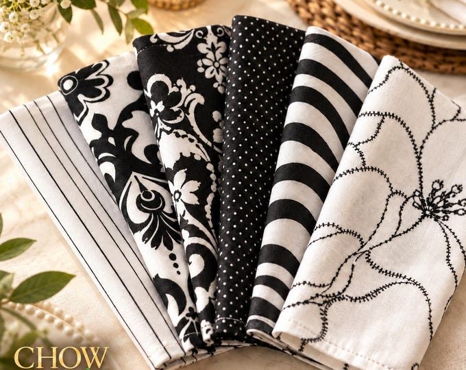 Black and White Cotton Cloth Napkins - Set of 6, 15 inch